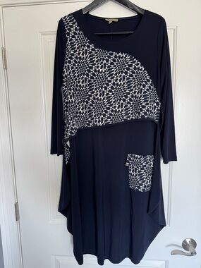 Navy Blue Long Sleeve Patterned Tunic Dress